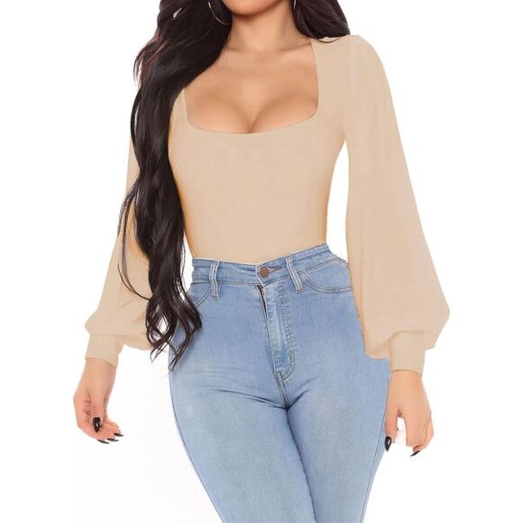 NEW Square Neck Long Sleeve Lantern Sleeve Bodysuit S - Picture 2 of 6